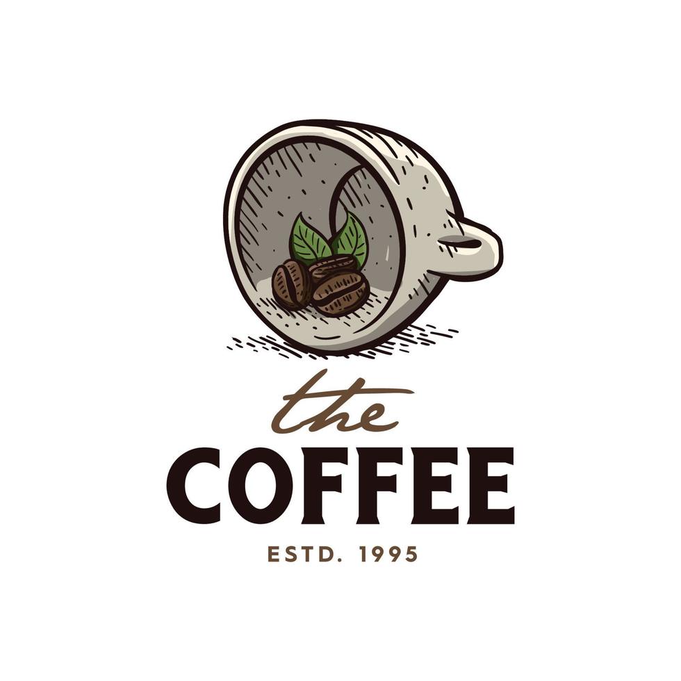 illustration de la conception du logo de la tasse et du grain de café, avec un style de dessin à la main vintage vecteur