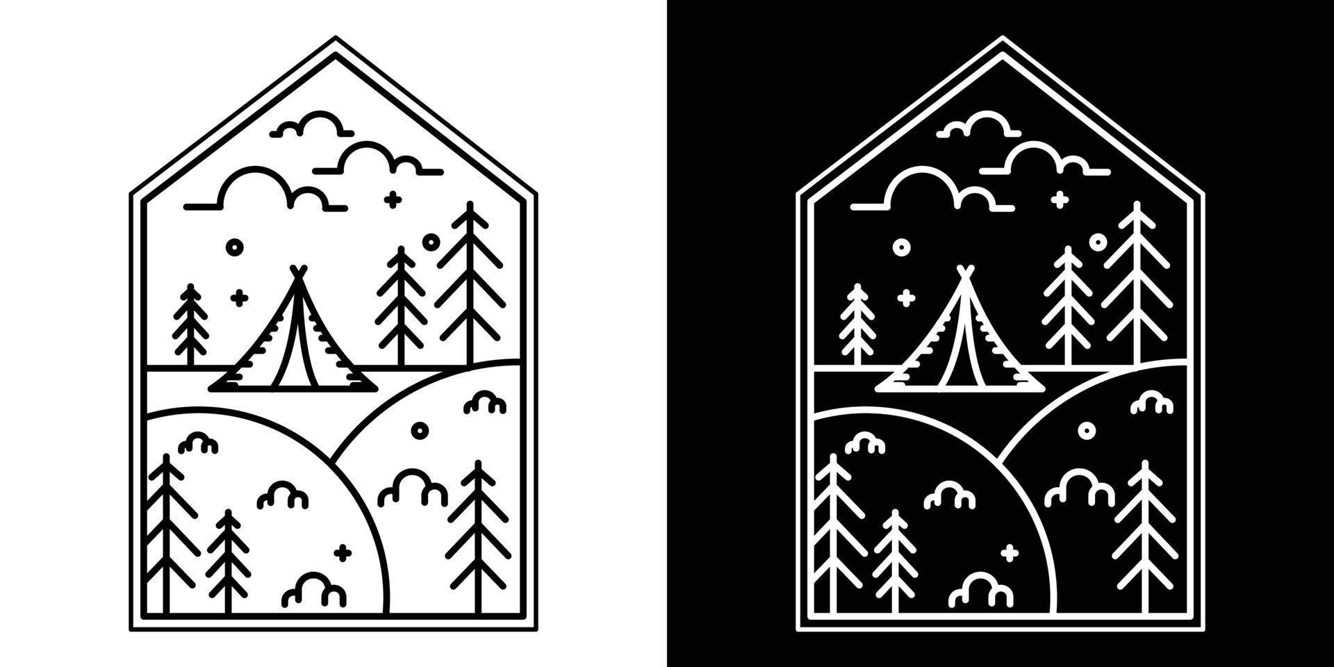logo de camping noir et blanc simple, conception de logo de camping avec des lignes de symboles sous forme de forêt, tente, paysage, ciel vecteur