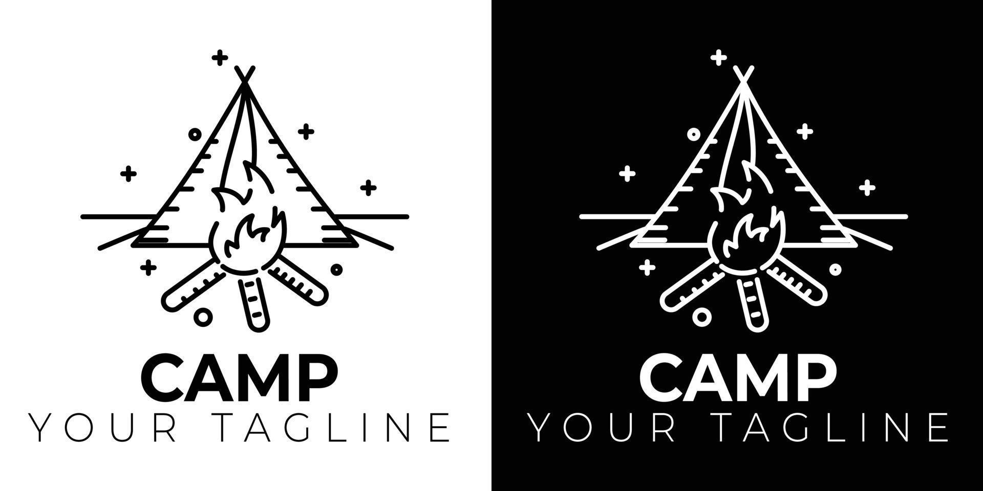 logo de camping noir et blanc simple, conception de logo de camping avec des lignes de symboles sous forme de forêt, tente, paysage, ciel vecteur