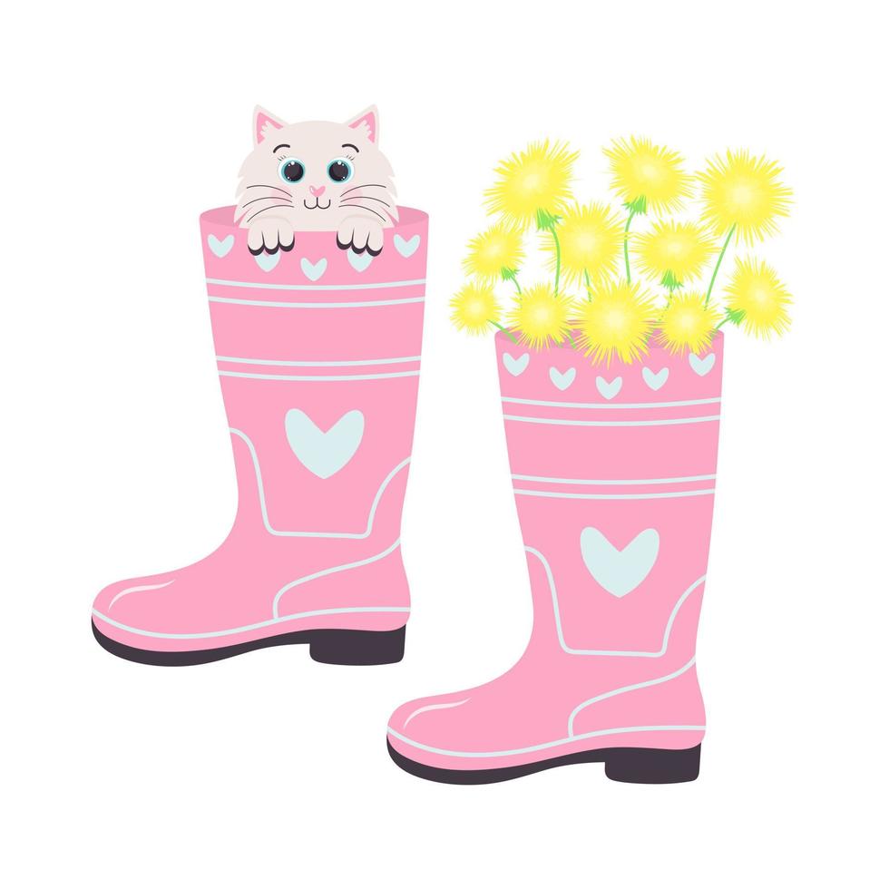 bottes en caoutchouc de jardin printanier avec un bouquet de pissenlits et un joli chat avec de grands yeux assis à l'intérieur de la botte. concept de jardinage et de printemps. vecteur