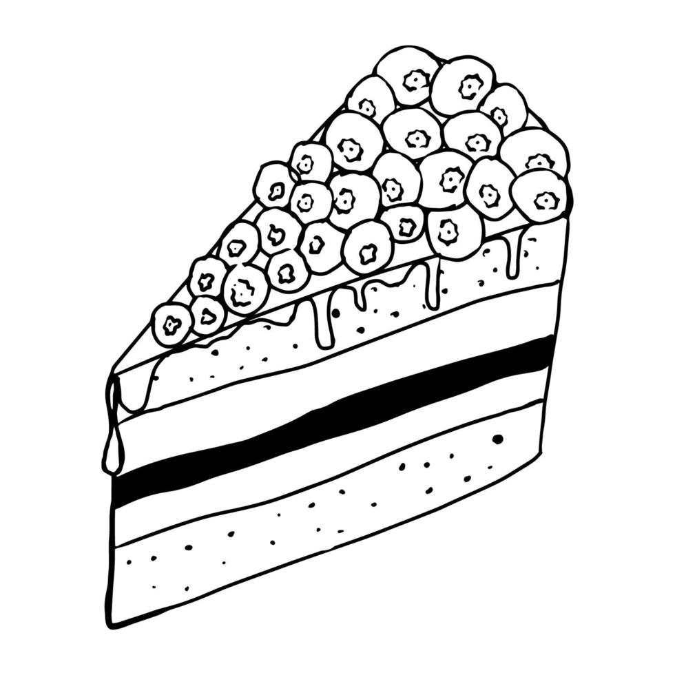 un morceau de gâteau aux myrtilles.dessin de contour manuel avec une ligne.image noir et blanc.confiserie.baies sauvages.coloration.image vectorielle vecteur