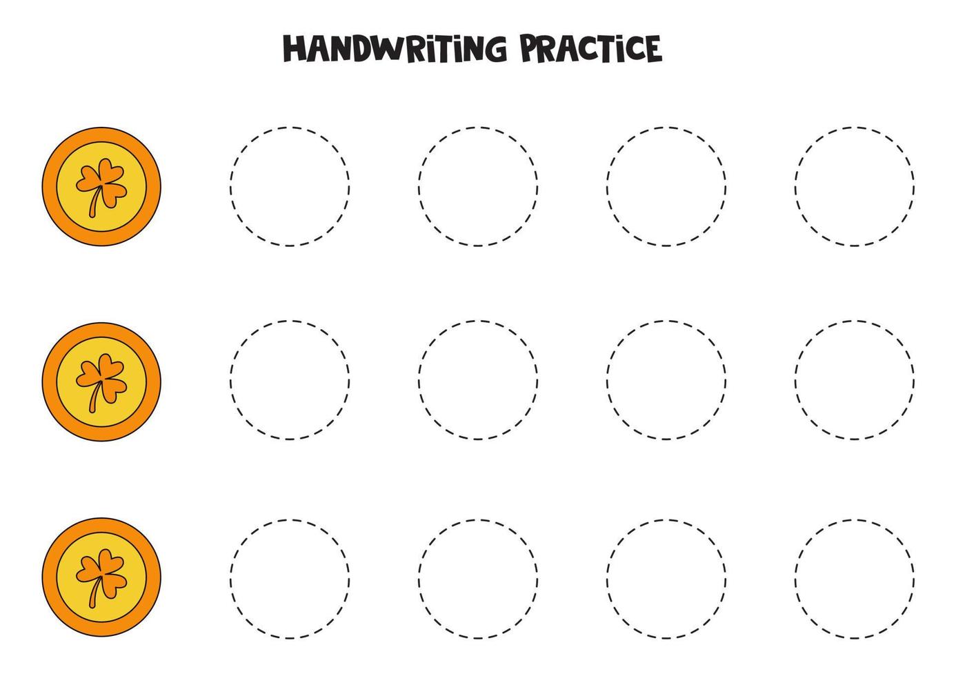 traçant les contours des pièces de monnaie de trèfle d'or. pratique de l'écriture. vecteur