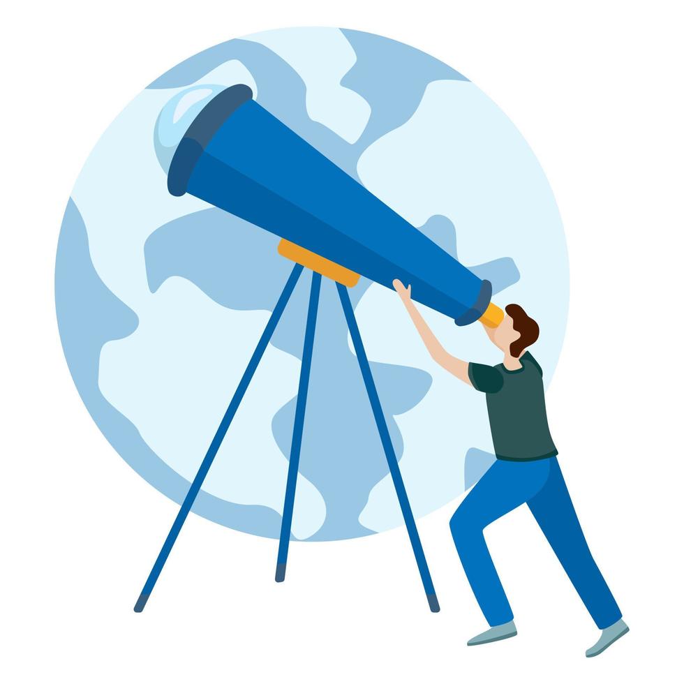 concepts de sites Web et d'applications. astronome regardant à travers le télescope. vecteur