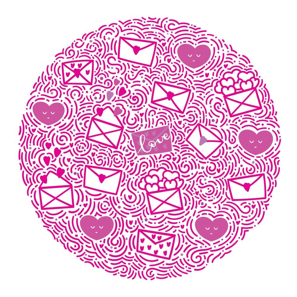 illustration vectorielle pour la saint valentin. motif dans un cercle de lettres avec des coeurs de même couleur. style de griffonnage vecteur