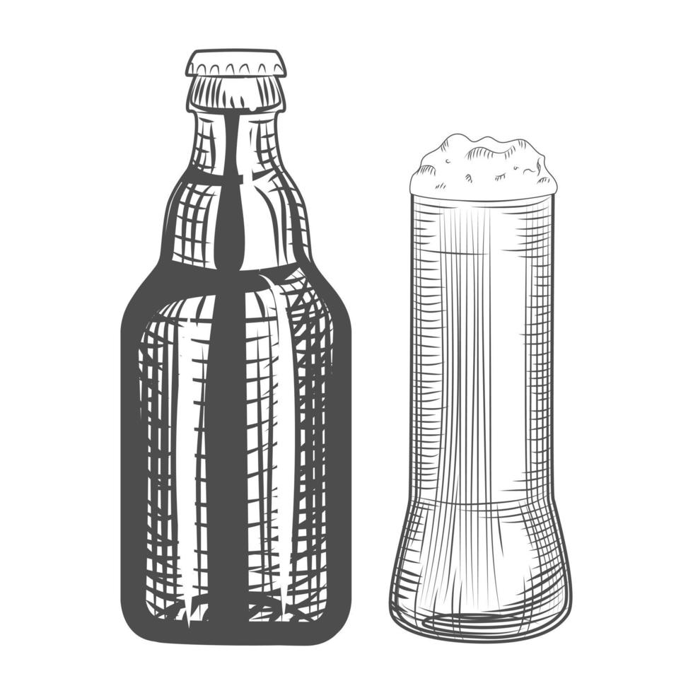 bouteille de bière et verre dessinés à la main. mode de gravure. vecteur