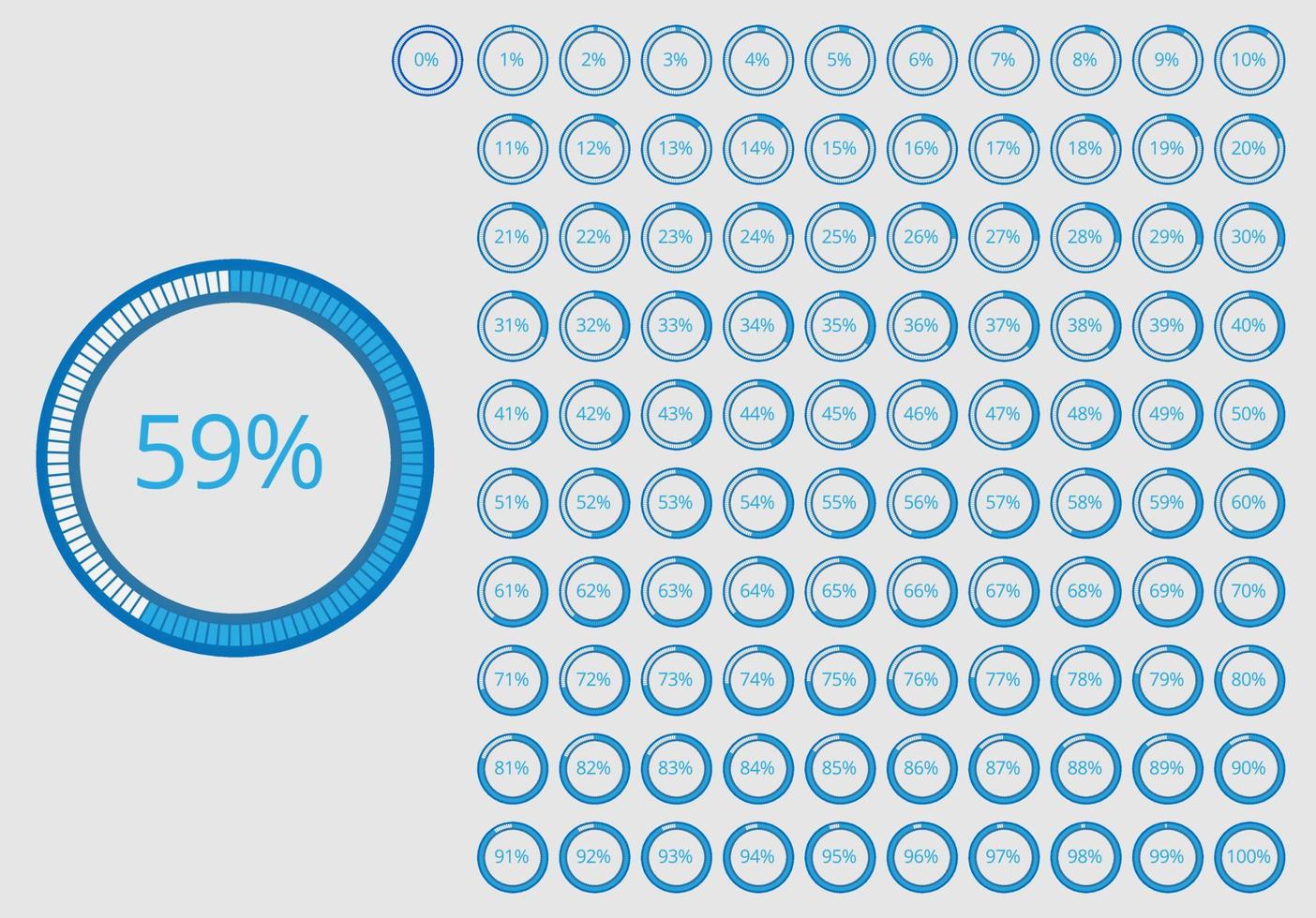 ensemble de compteur de pourcentage pour la progression du rapport, chargeur d'icônes 0 à 100 fond bleu foncé avec indicateur de chargeur de couleur bleu clair. vecteur de symbole du début à la fin