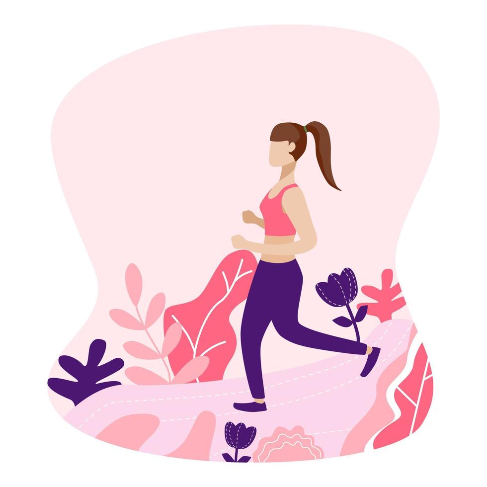 fille courir dans l'illustration du concept de forêt. fille faisant du jogging dans le parc vecteur