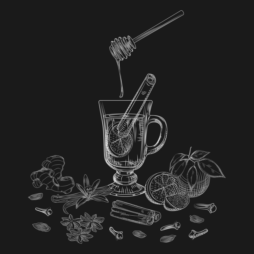 vin chaud et épices sans alcool d'agrumes dessinés à la main sur tableau noir. vecteur