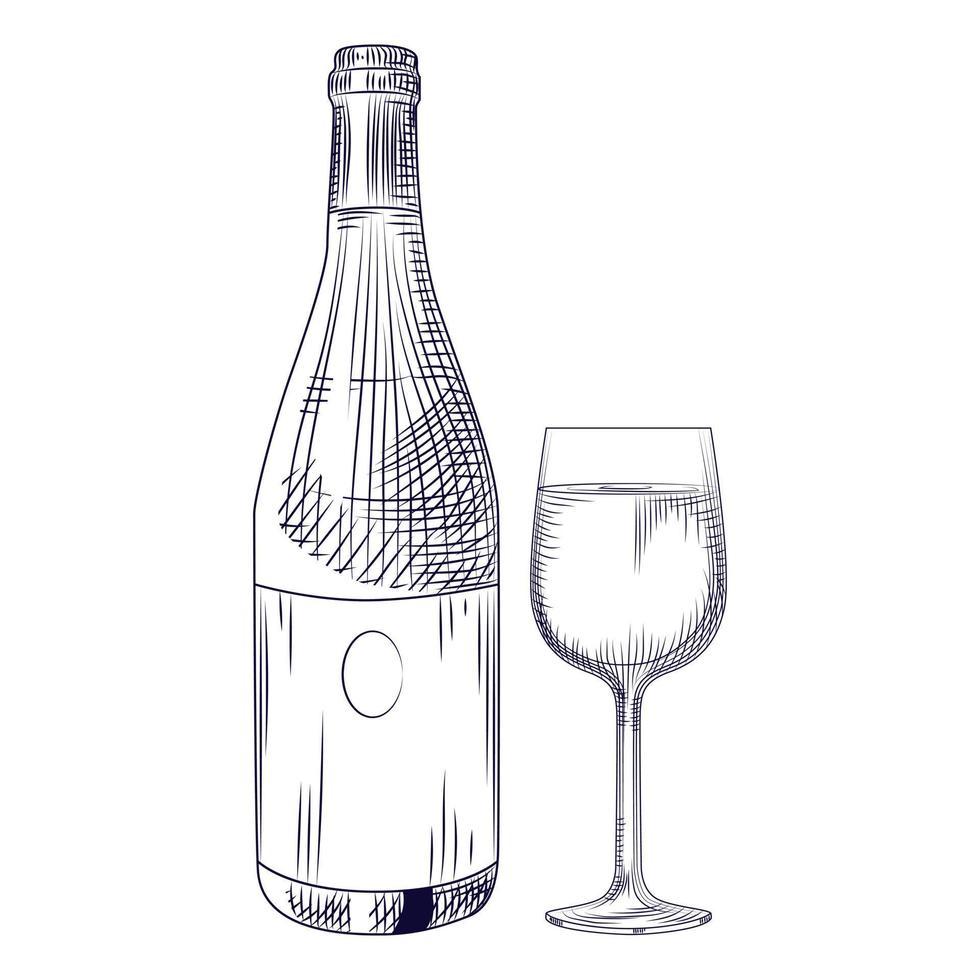 bouteille de vin et verre dessinés à la main. objets isolés vecteur