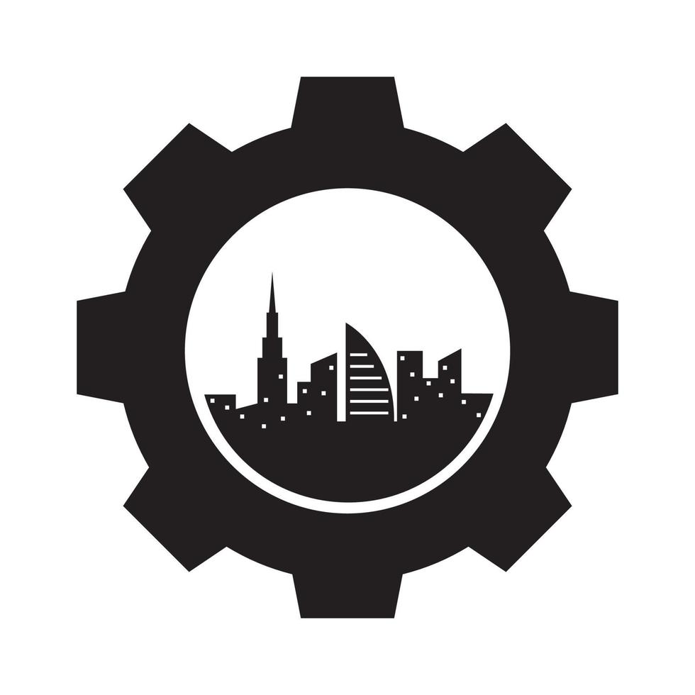 service d'engrenage avec les villes bâtiment logo design vecteur symbole graphique icône signe illustration idée créative