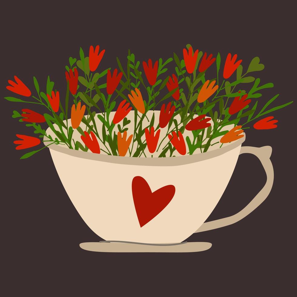 tasse de tisane. motif coeur. fleurs de printemps. l'heure du thé. vecteur isolé. dessiné à la main.