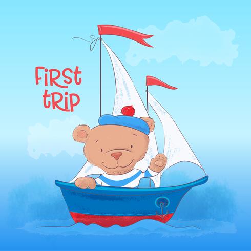 Affiche carte postale d&#39;un jeune ours mignon sur un bateau à vapeur dans un style dessin animé. Dessin à main levée. vecteur