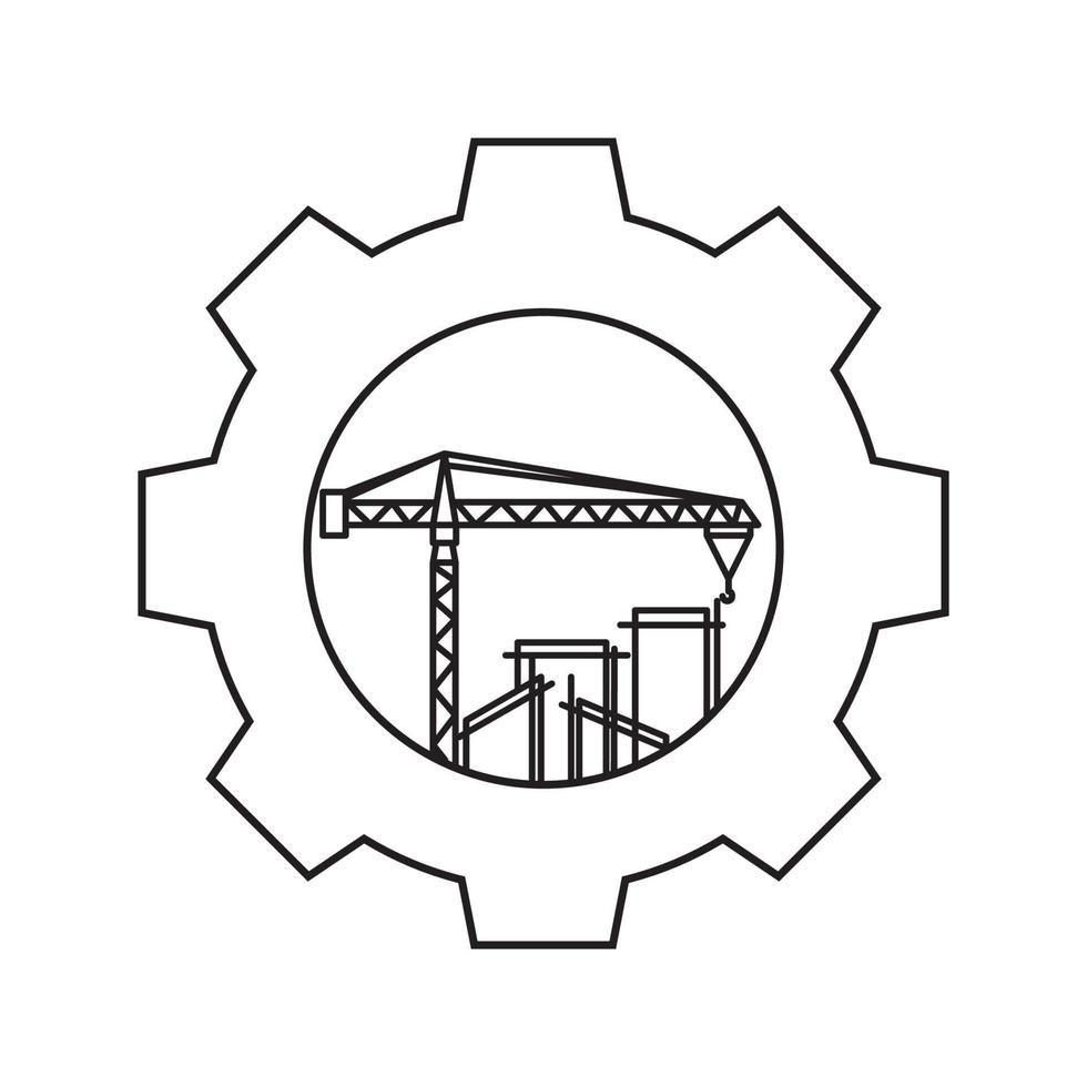 service d'engrenage de ligne avec bâtiment et grue logo design vecteur symbole graphique icône signe illustration idée créative