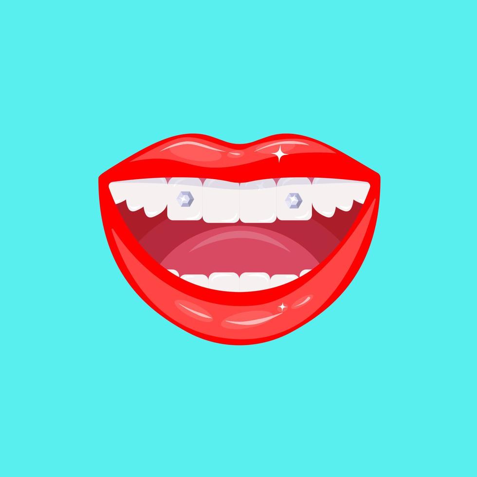 perçage des dents avec des diamants. bouche féminine aux dents blanches comme neige. sourire perçant. décoration des dents avec des pierres de bijoux, des pierres précieuses. dentisterie esthétique. illustration vectorielle. vecteur