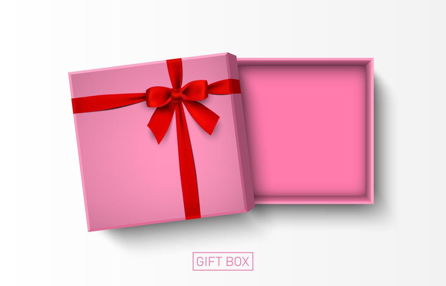 boîte-cadeau rose ouverte avec un arc rouge isolé sur fond blanc, illustration vectorielle vecteur
