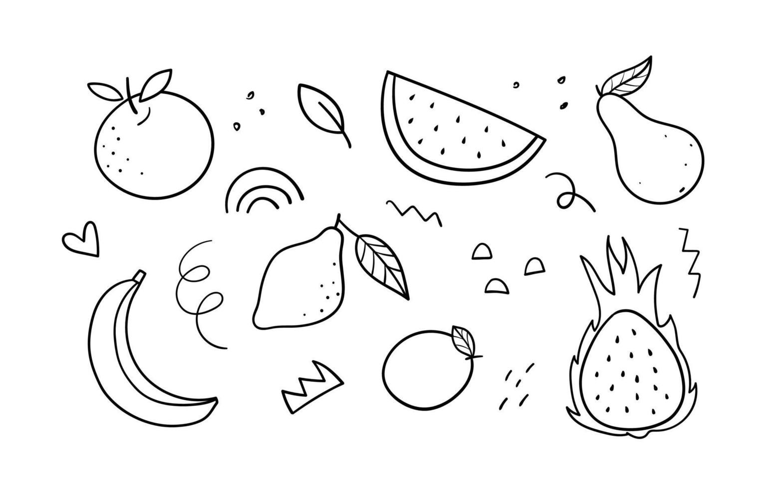sertie de fruits abstraits dessinés à la main, d'éléments et de griffonnages. illustration linéaire vectorielle. vecteur