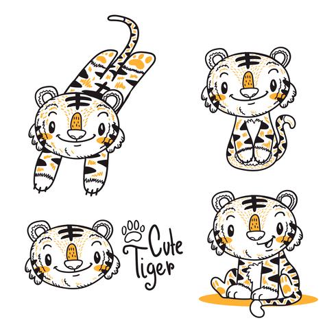 vecteur de dessin animé mignon petit tigre doodle