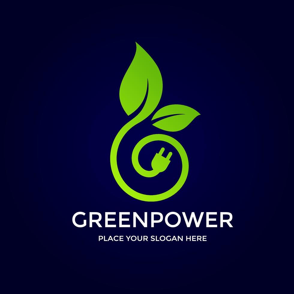 modèle de logo vectoriel de puissance verte. cette conception utilise des feuilles et un symbole de prise. adapté à la technologie.