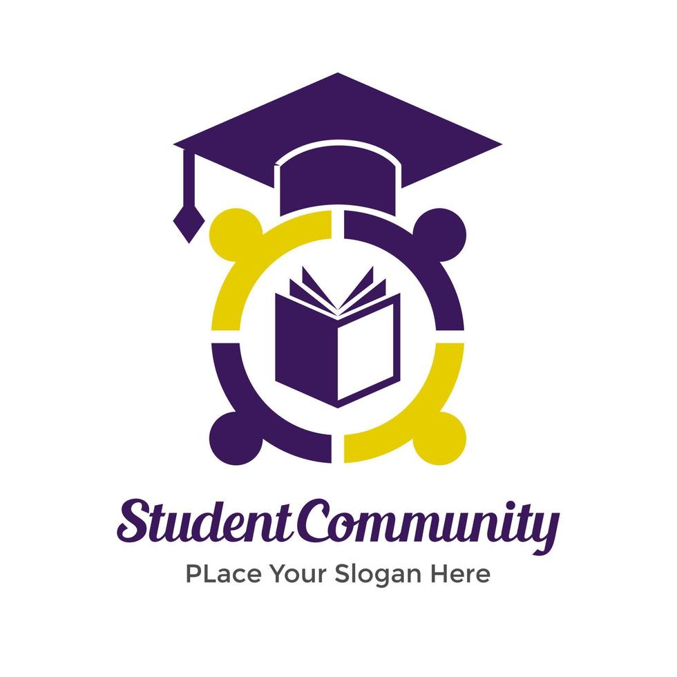 modèle de logo vectoriel de la communauté étudiante. cette conception utilise le symbole du livre, des personnes et du chapeau. adapté à l'éducation.