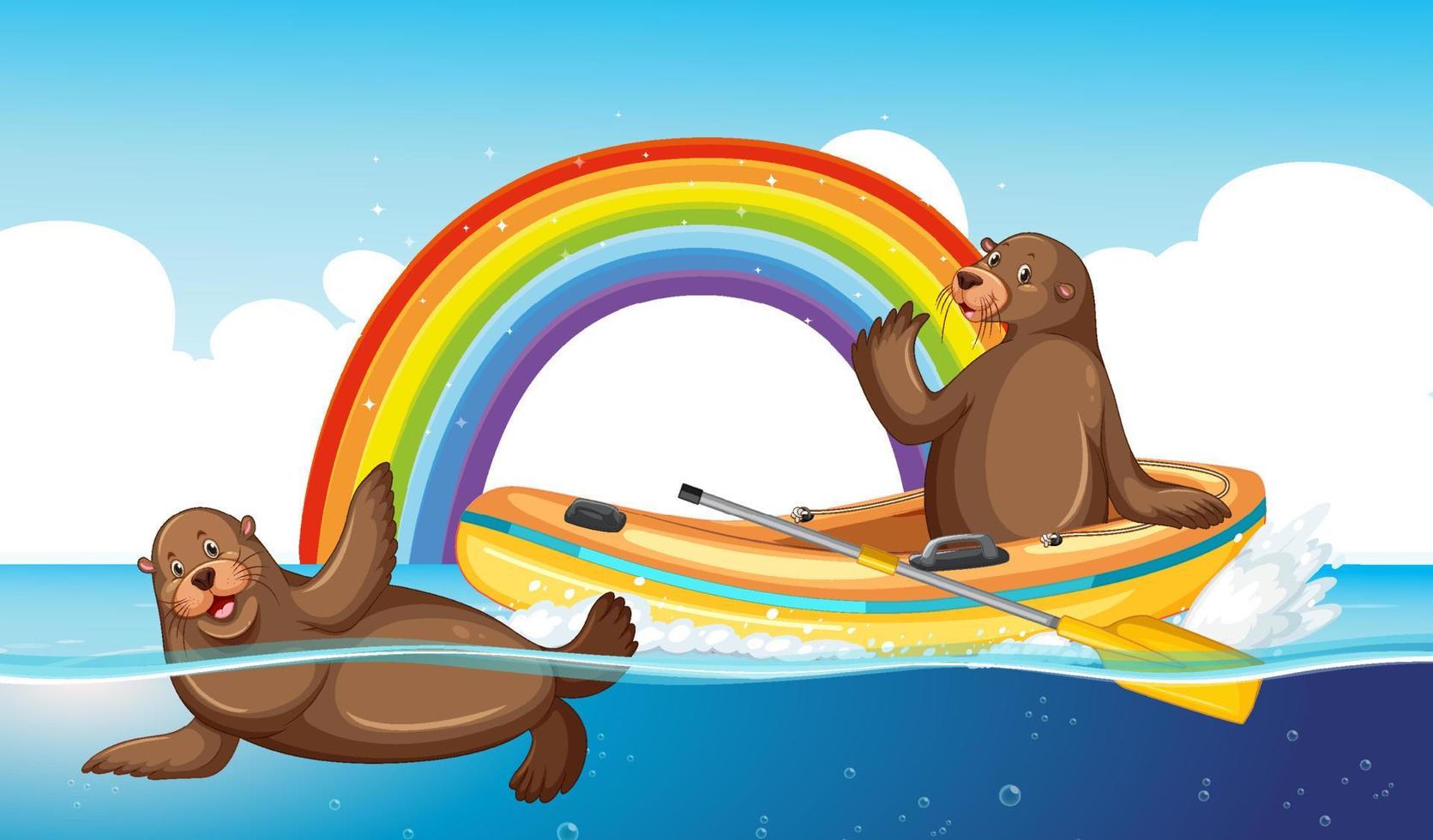 Caricature d'animaux de lions de mer dans l'eau avec arc-en-ciel vecteur
