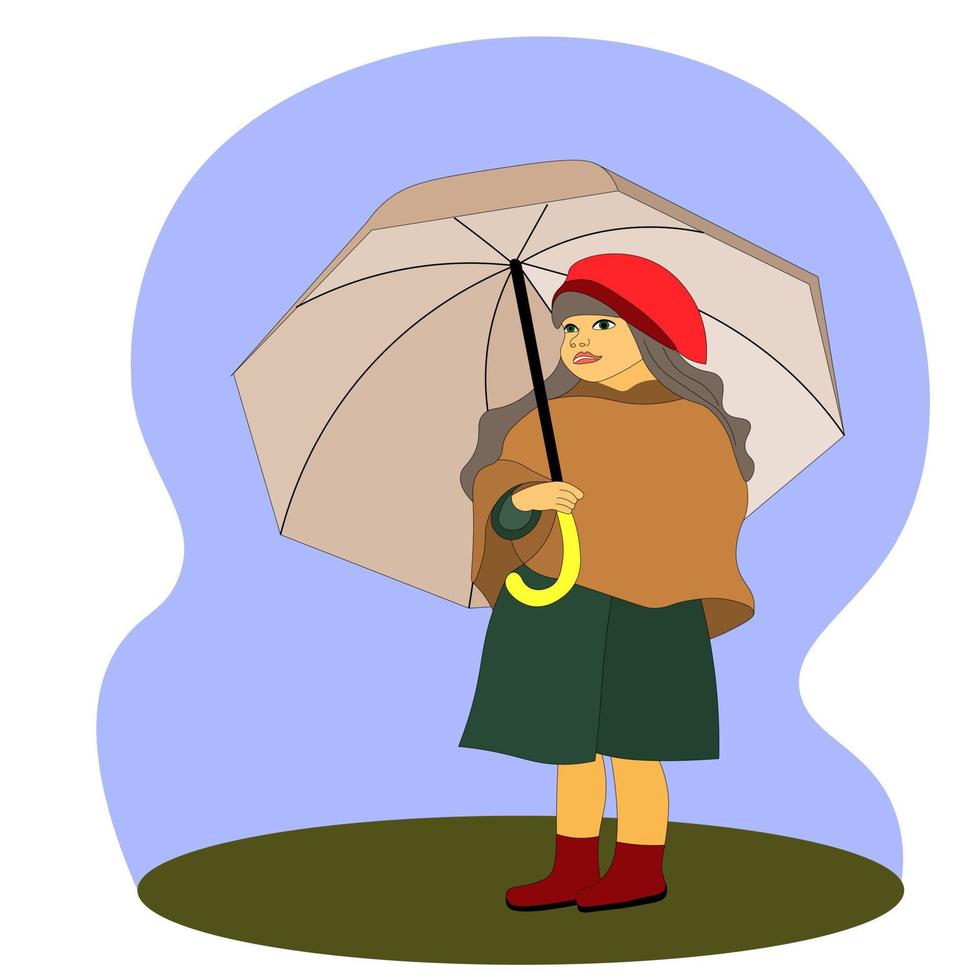 petite fille au béret rouge, enfant debout sous un grand parapluie, vêtements d'automne, manteaux et bottes. journée parapluie, journée des enfants. idéal pour les blogs, bannières, sites Web, dépliants. vecteur