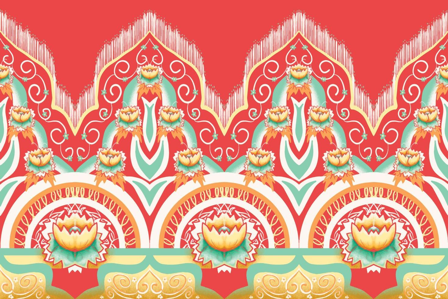 fleur jaune, verte, orange sur rouge. motif géométrique oriental ethnique design traditionnel pour le fond tapis papier peint vêtements emballage batik tissu illustration vectorielle style de broderie vecteur