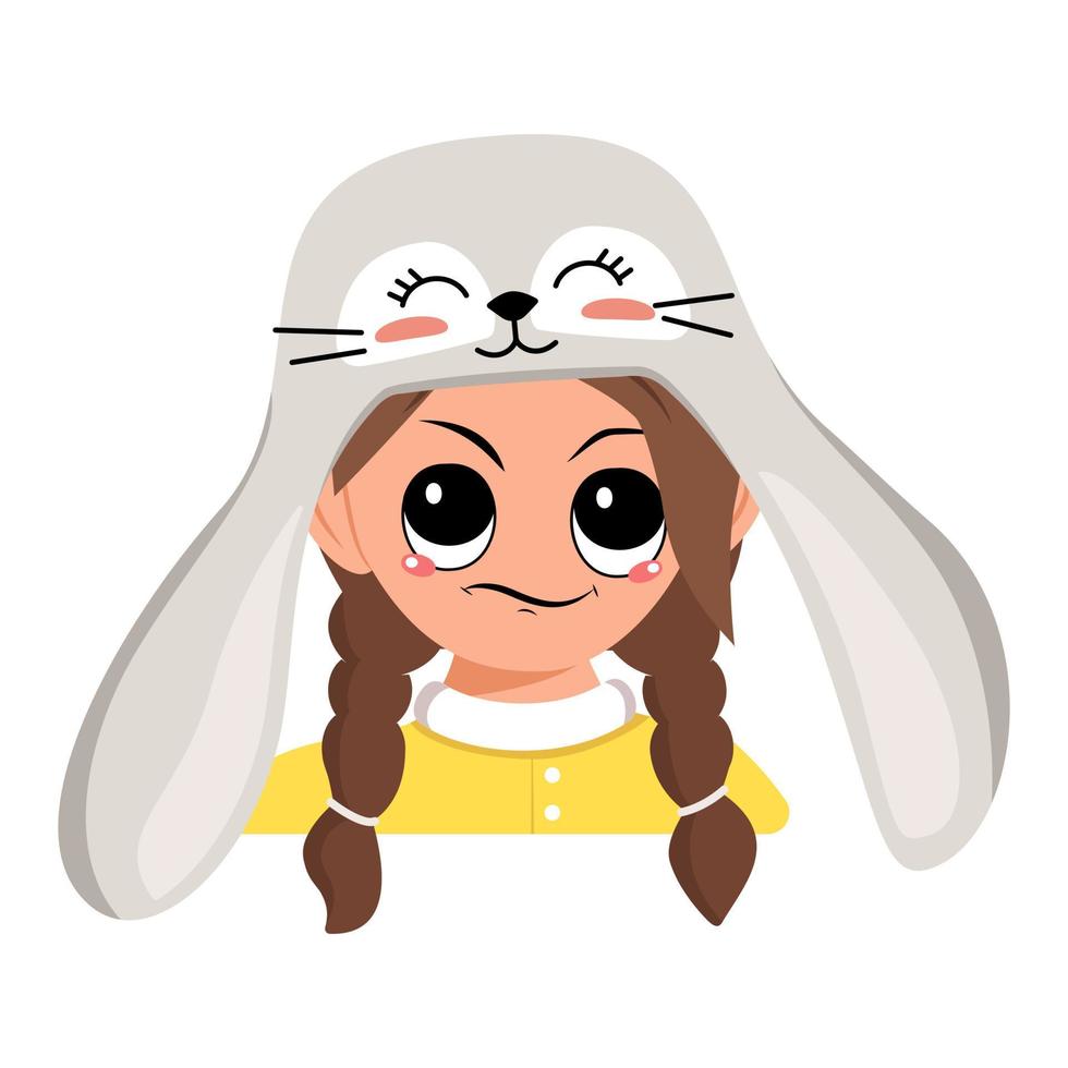 fille avec de grands yeux et des émotions de visage suspect et mécontent dans un chapeau de lapin avec de longues oreilles. enfant avec une expression agacée pour pâques, nouvel an ou costume de carnaval pour la fête. illustration vectorielle plate vecteur