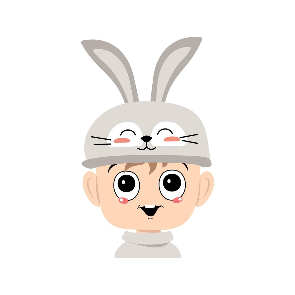 avatar de garçon avec de grands yeux et un large sourire heureux dans un joli chapeau de lapin avec de longues oreilles. tête d'enfant au visage joyeux pour les vacances de pâques, le nouvel an ou le costume de carnaval pour la fête. illustration vectorielle plate vecteur