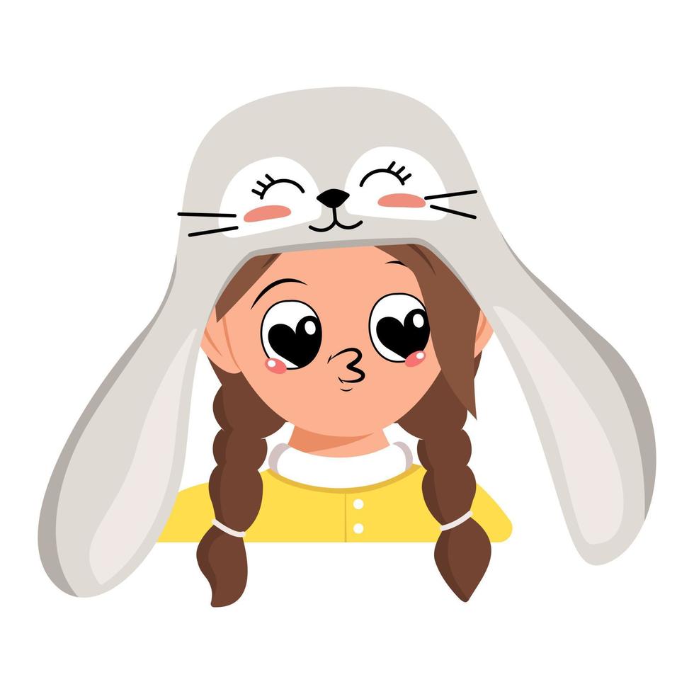 avatar de fille avec de grands yeux de coeur et des lèvres de baiser dans un joli chapeau de lapin avec de longues oreilles. tête d'enfant au visage joyeux pour les vacances de pâques, le nouvel an ou le costume de carnaval pour la fête. illustration vectorielle plate vecteur