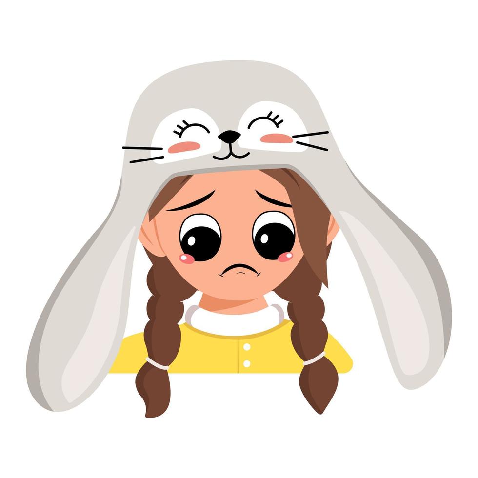 avatar de fille avec de grands yeux et des émotions tristes, visage déprimé, yeux baissés dans un joli chapeau de lapin avec de longues oreilles. tête d'enfant au visage mélancolique pour les vacances de pâques. illustration vectorielle plate vecteur