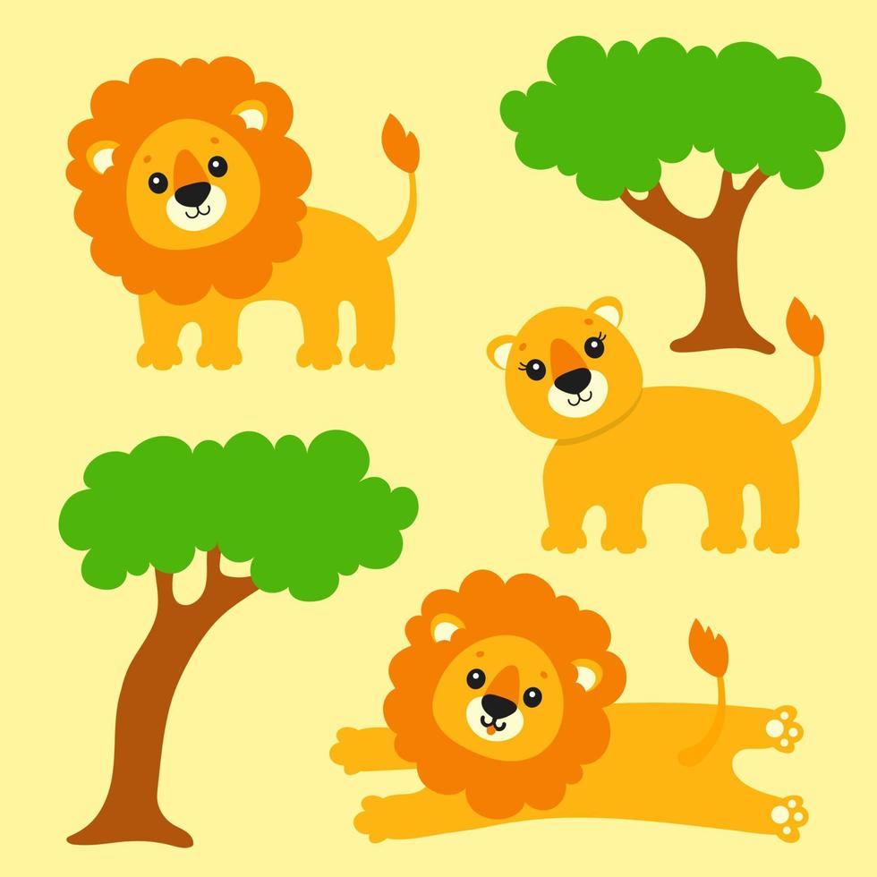 ensemble de lion mignon. animal sauvage. personnage de dessin animé. illustration vectorielle colorée. isolé sur fond de couleur. élément de conception. modèle pour votre conception, livres, autocollants, cartes. vecteur