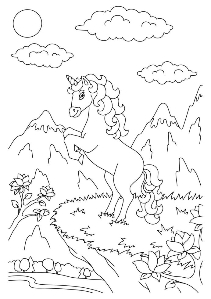 jolie licorne. cheval de fée magique. page de livre de coloriage pour les enfants. style de bande dessinée. illustration vectorielle isolée sur fond blanc. vecteur