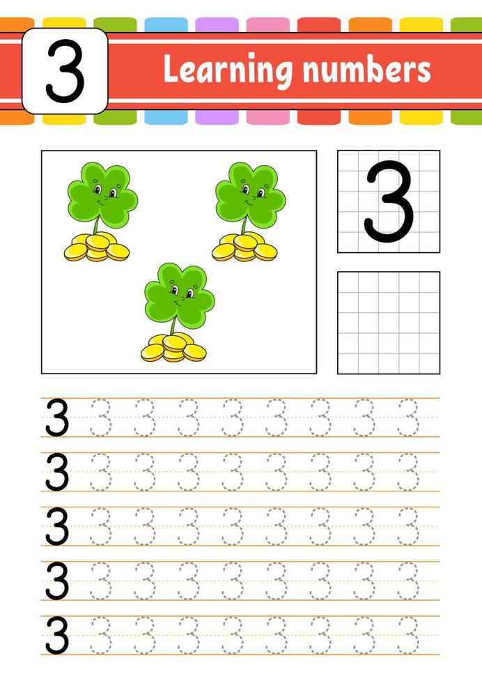 tracer et écrire des nombres. pratique de l'écriture manuscrite. apprentissage des nombres pour les enfants. feuille de travail de développement de l'éducation. st. le jour de patrick. page d'activité. illustration vectorielle isolée dans un style de dessin animé mignon. vecteur