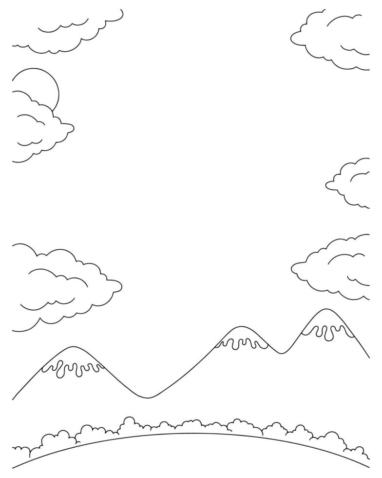 magnifique paysage naturel. page de livre de coloriage pour les enfants. style de bande dessinée. illustration vectorielle isolée sur fond blanc. vecteur