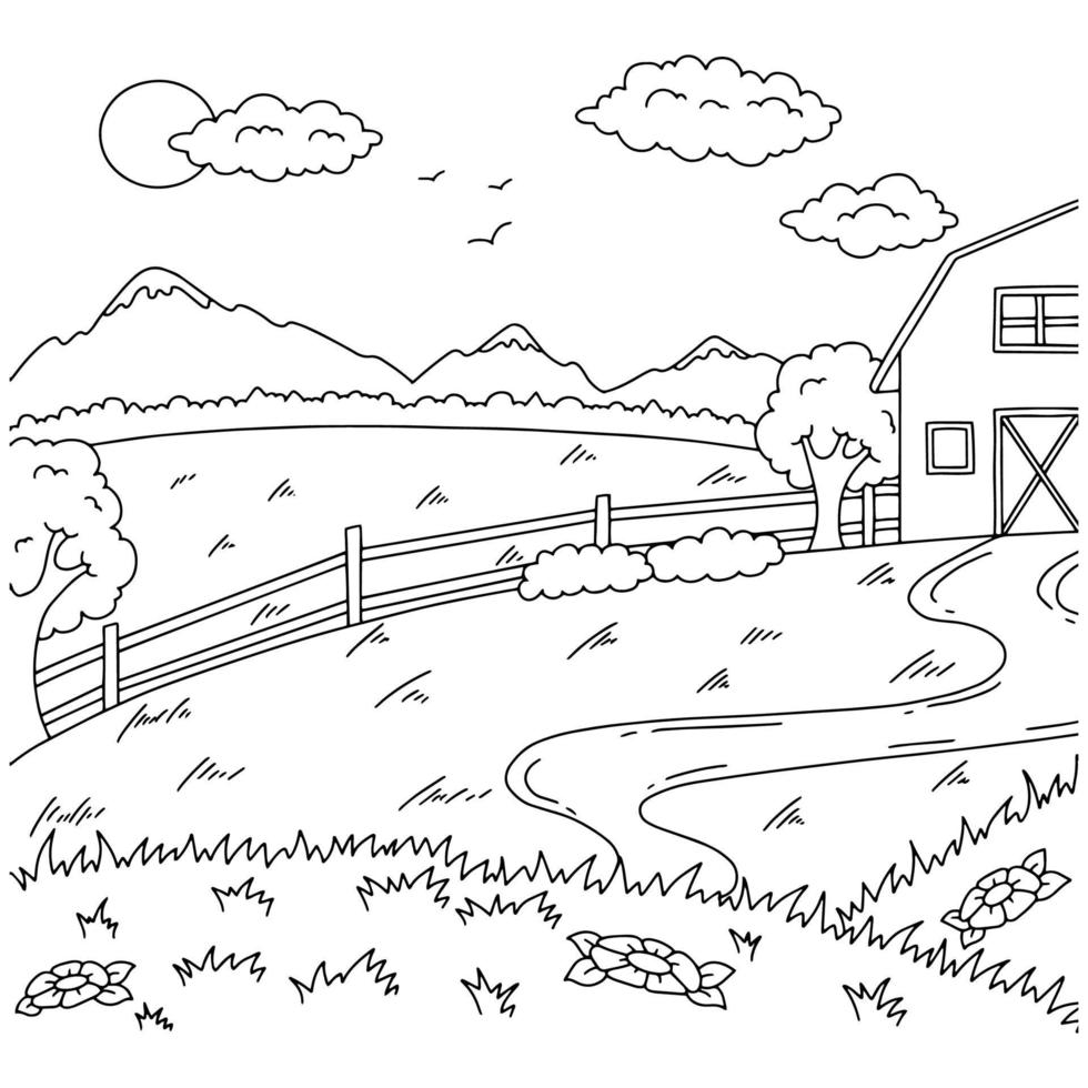 magnifique paysage naturel à la ferme. page de livre de coloriage pour les enfants. style de bande dessinée. illustration vectorielle isolée sur fond blanc. vecteur