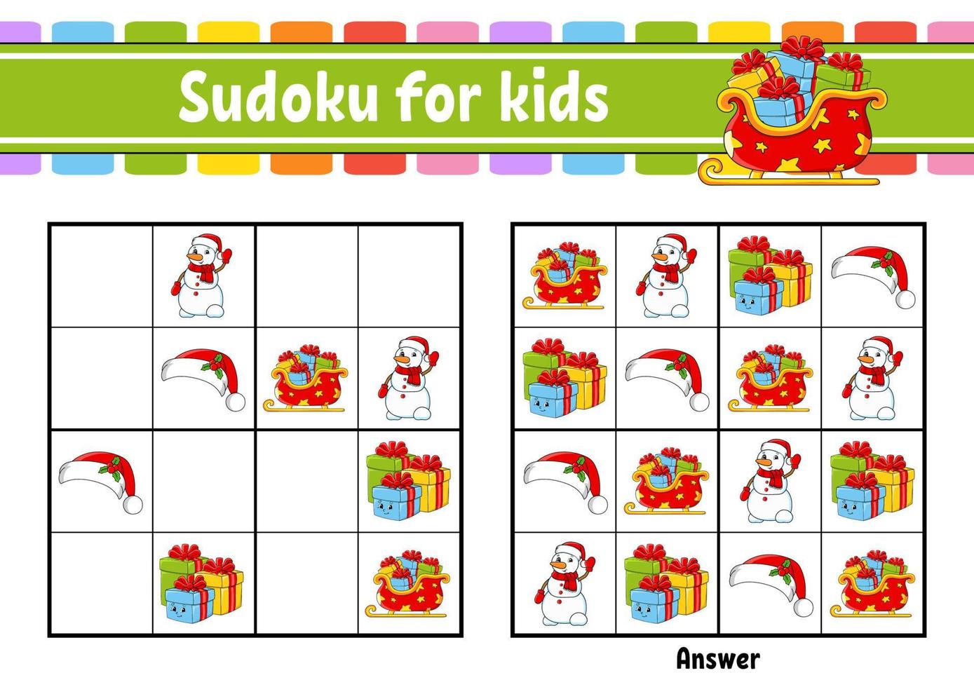 sudoku pour les enfants. feuille de travail de développement de l'éducation. personnage de dessin animé. page d'activité en couleur. jeu de puzzle pour les enfants. thème de noël. illustration vectorielle isolée. vecteur