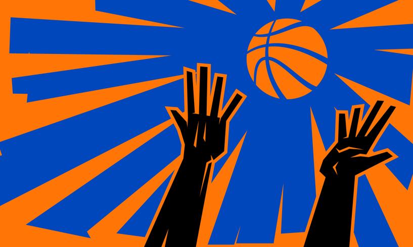 Illustration vectorielle des mains de deux joueurs de basket atteignant un ballon de basket vecteur