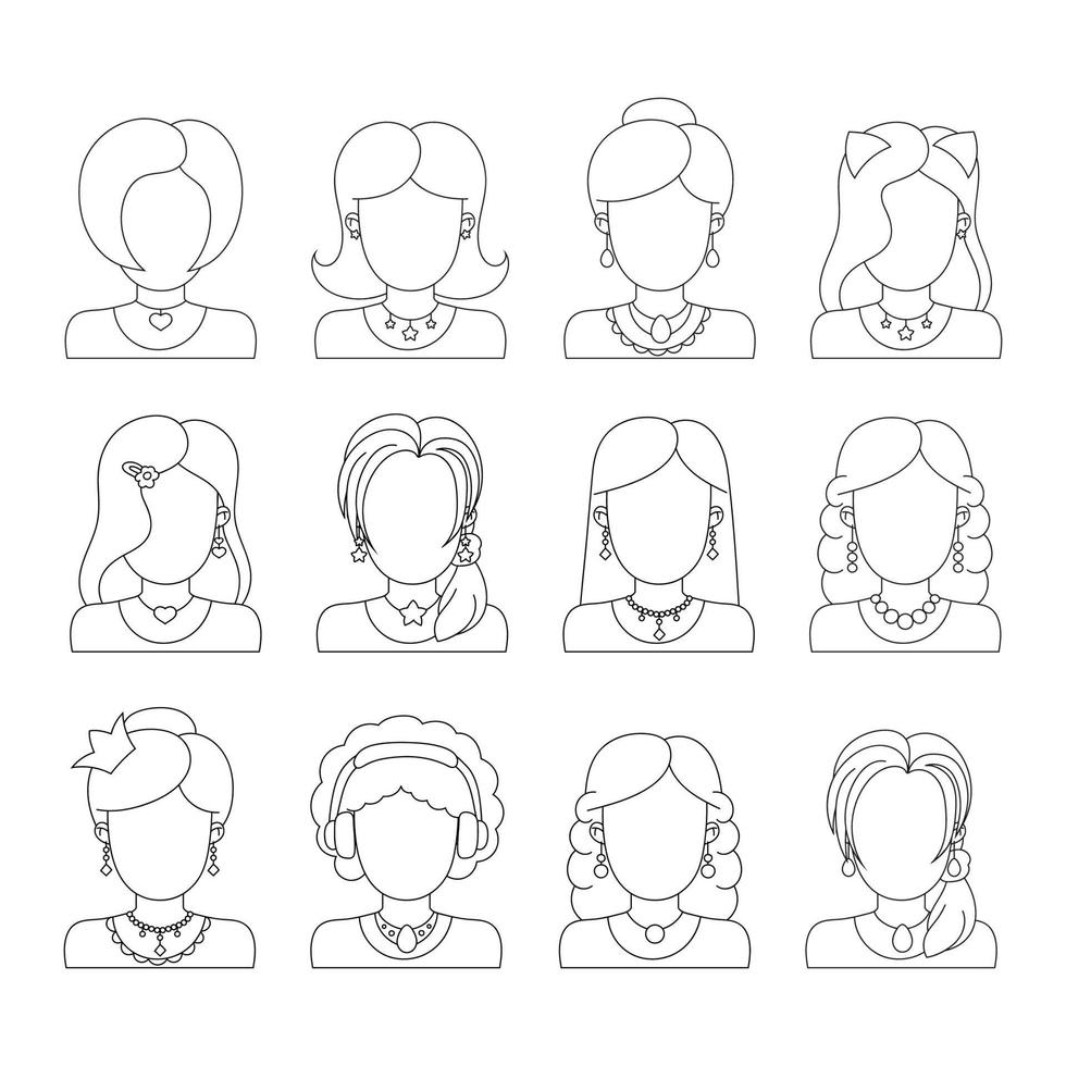 page de livre de coloriage pour les enfants. têtes de filles. personnage de style dessin animé. illustration vectorielle isolée sur fond blanc. vecteur
