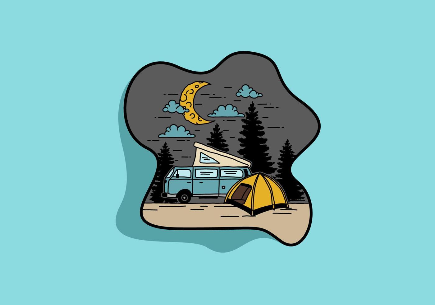 camping en demi lune avec illustration de camping-car vecteur