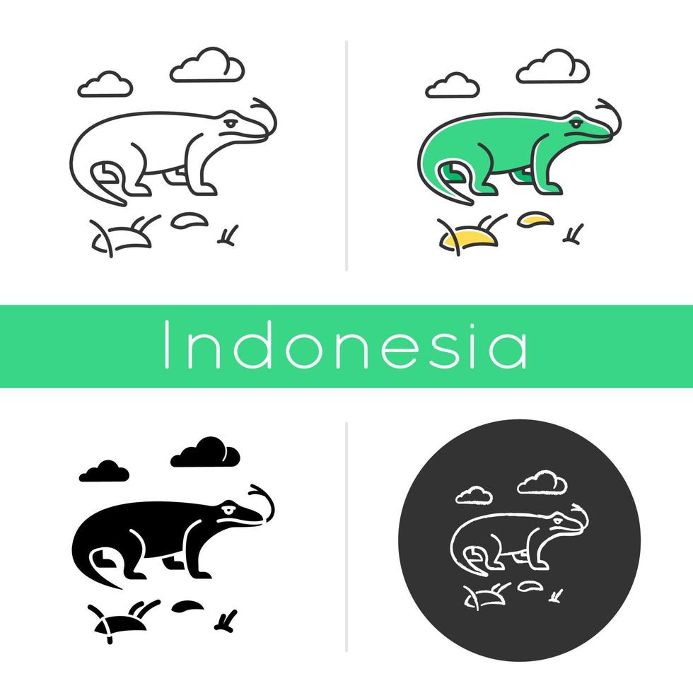 icône de dragon de komodo. animaux des pays tropicaux. faune des îles indonésiennes. explorer la faune exotique. varans dans la nature. styles linéaire, noir, craie et couleur. illustrations vectorielles isolées vecteur