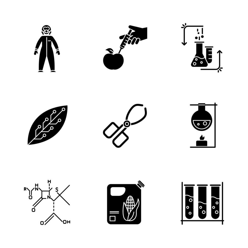 ensemble d'icônes de glyphe de développement scientifique. équipements biotechnologiques. méthode expérimentale travaillant en laboratoire. nature changeante. recherche en chimie organique. symboles de silhouettes. illustration vectorielle isolée vecteur