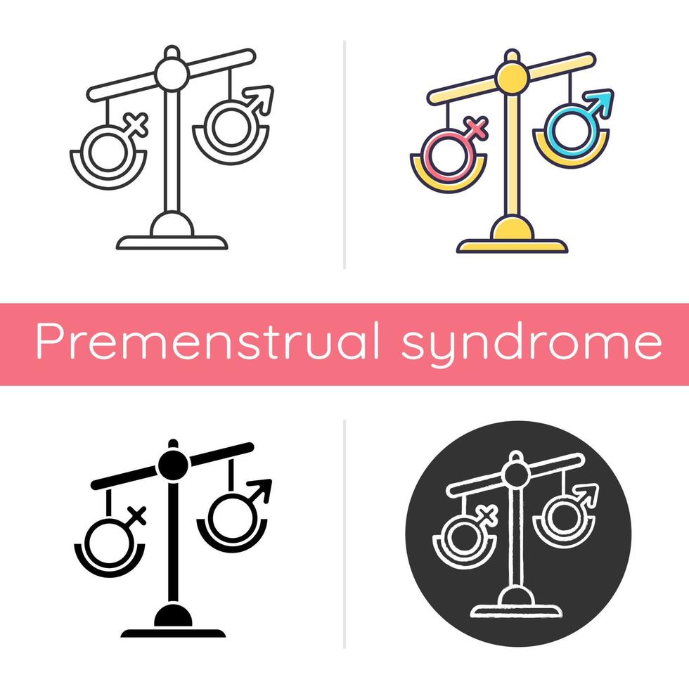 icône de déséquilibre hormonal. signe de sexe féminin et masculin à l'échelle. déséquilibre de la testostérone et des œstrogènes. sexisme et inégalités. design plat, styles linéaires et de couleur. illustrations vectorielles isolées vecteur