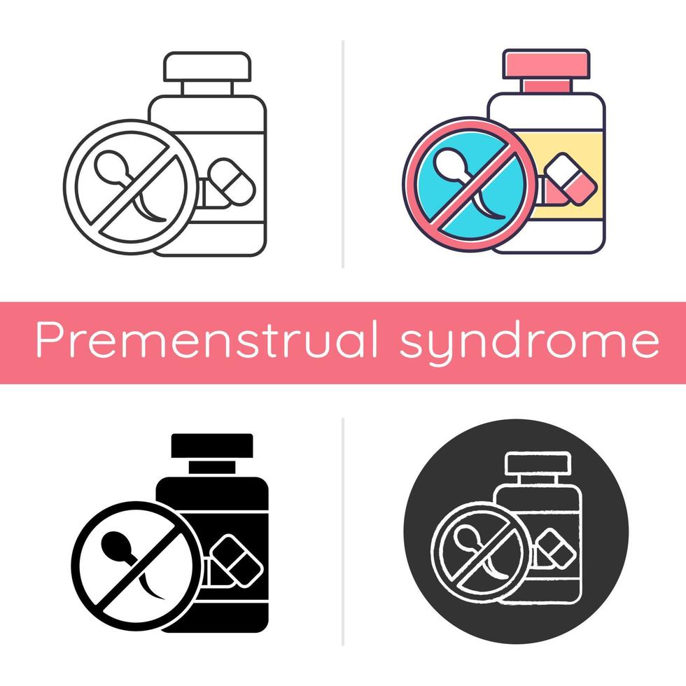 icône de contrôle des naissances. contraceptif oral. soins de santé féminins. prévention des grossesses non désirées. médicaments et pilules. aide prémenstruelle. design plat, styles linéaires et de couleur. illustrations vectorielles isolées vecteur