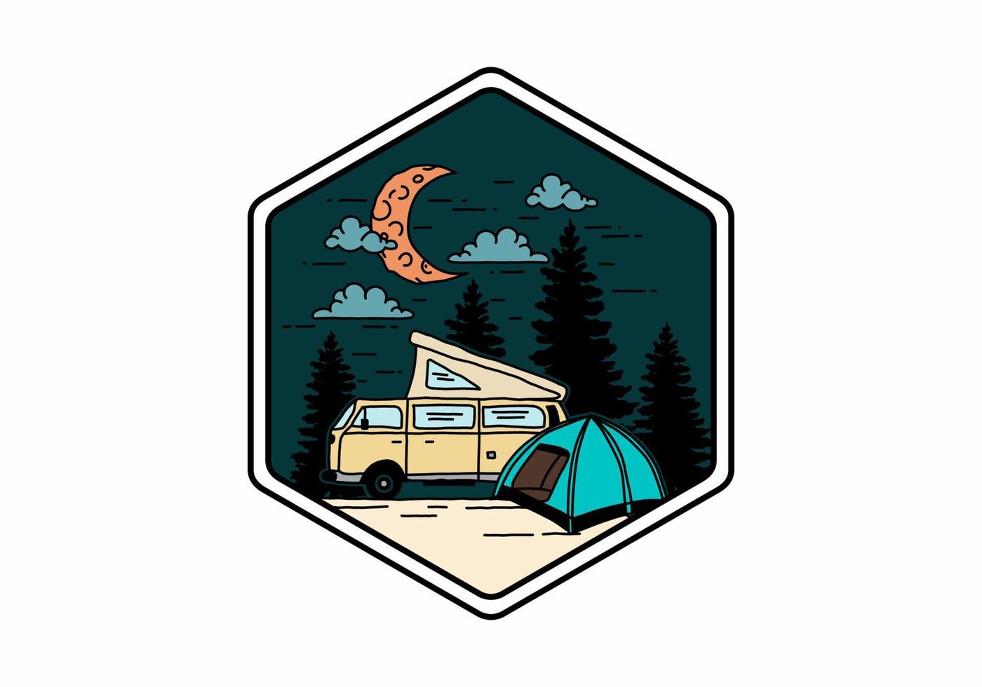 camping en demi lune avec illustration de camping-car vecteur