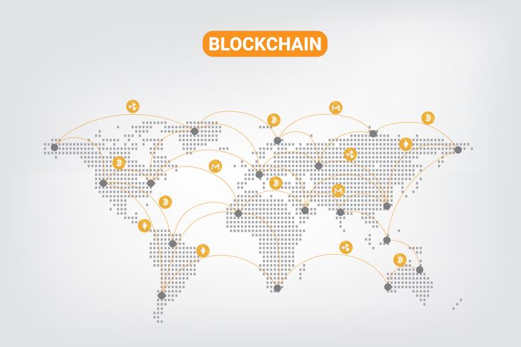 Résumé Technologie de réseau blockchain de monnaie de crypto monnaie numérique sur la carte de point du monde Fond. illustration vectorielle. vecteur