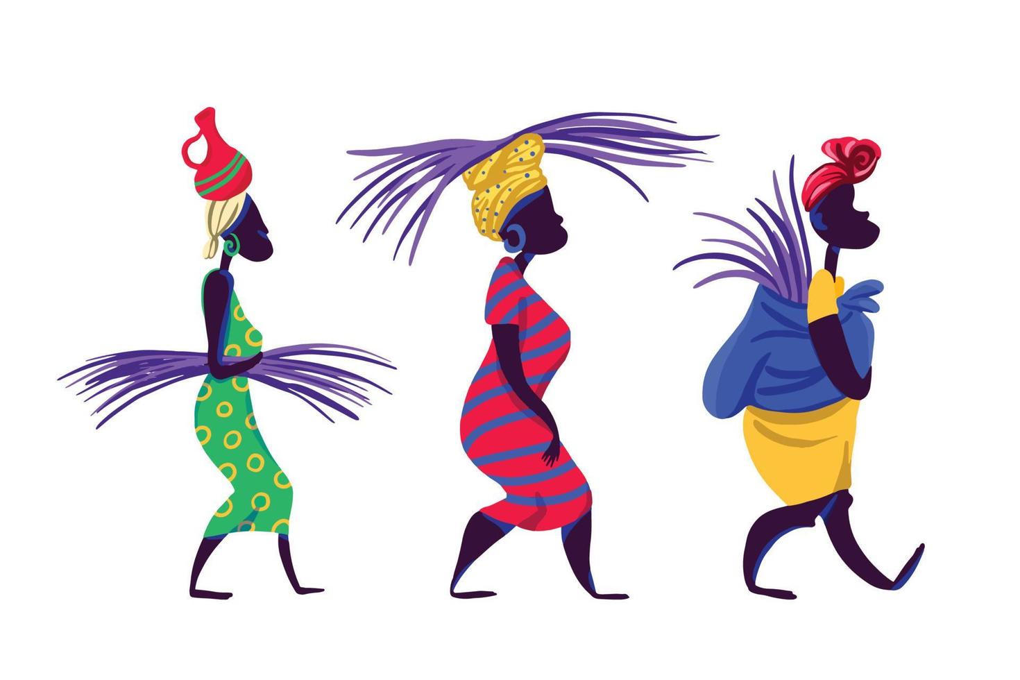 trois femmes africaines en costume national portent des feuilles vecteur