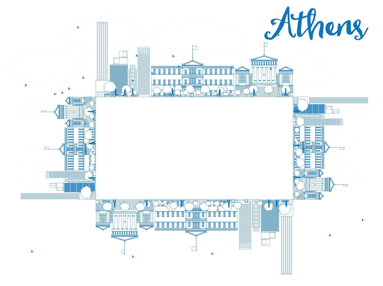 décrivez l'horizon d'athènes avec des bâtiments bleus et copiez l'espace. vecteur