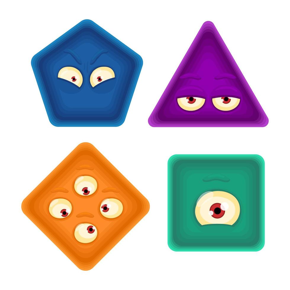 formes géométriques lumineuses serties d'émotions faciales. carré, triangle, losange, formes hexagonales avec yeux. illustration vectorielle dessinée à la main pour les enfants. personnages drôles mignons. isolé sur fond blanc. vecteur