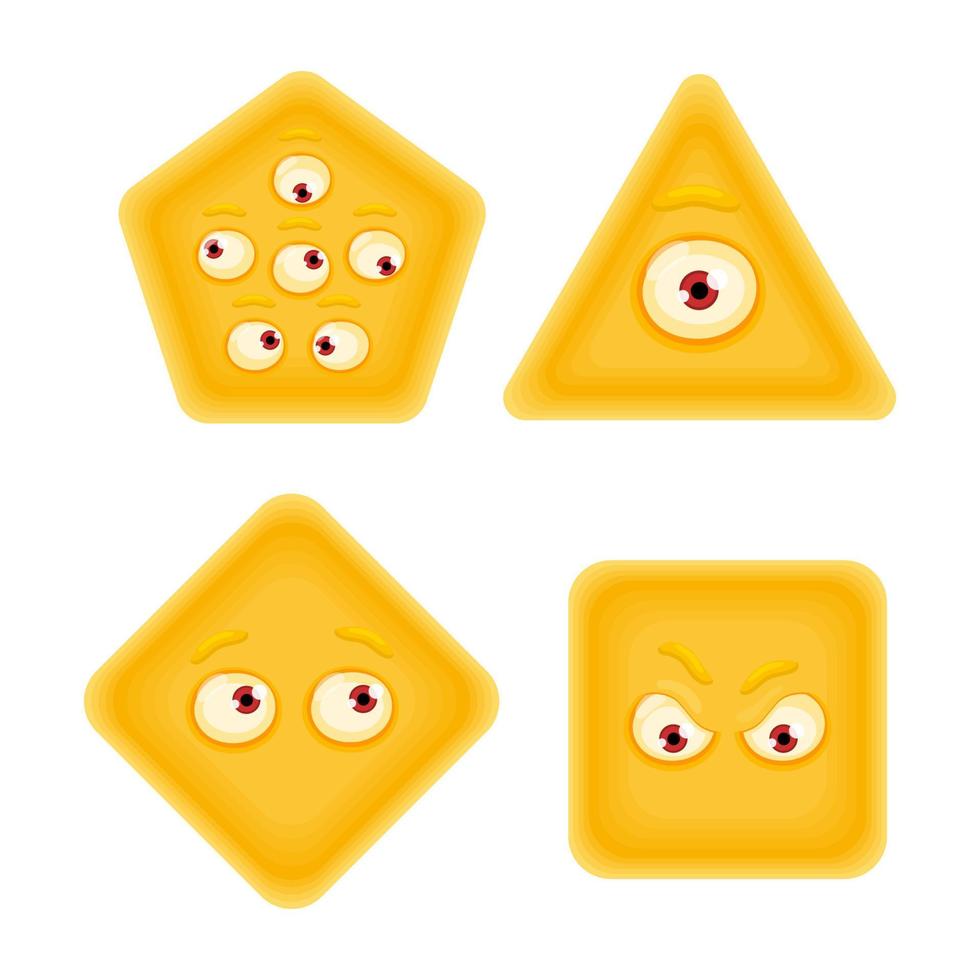 formes géométriques jaunes serties d'émotions faciales. carré, triangle, losange, formes hexagonales avec yeux. illustration vectorielle dessinée à la main pour les enfants. personnages drôles mignons. isolé sur fond blanc. vecteur