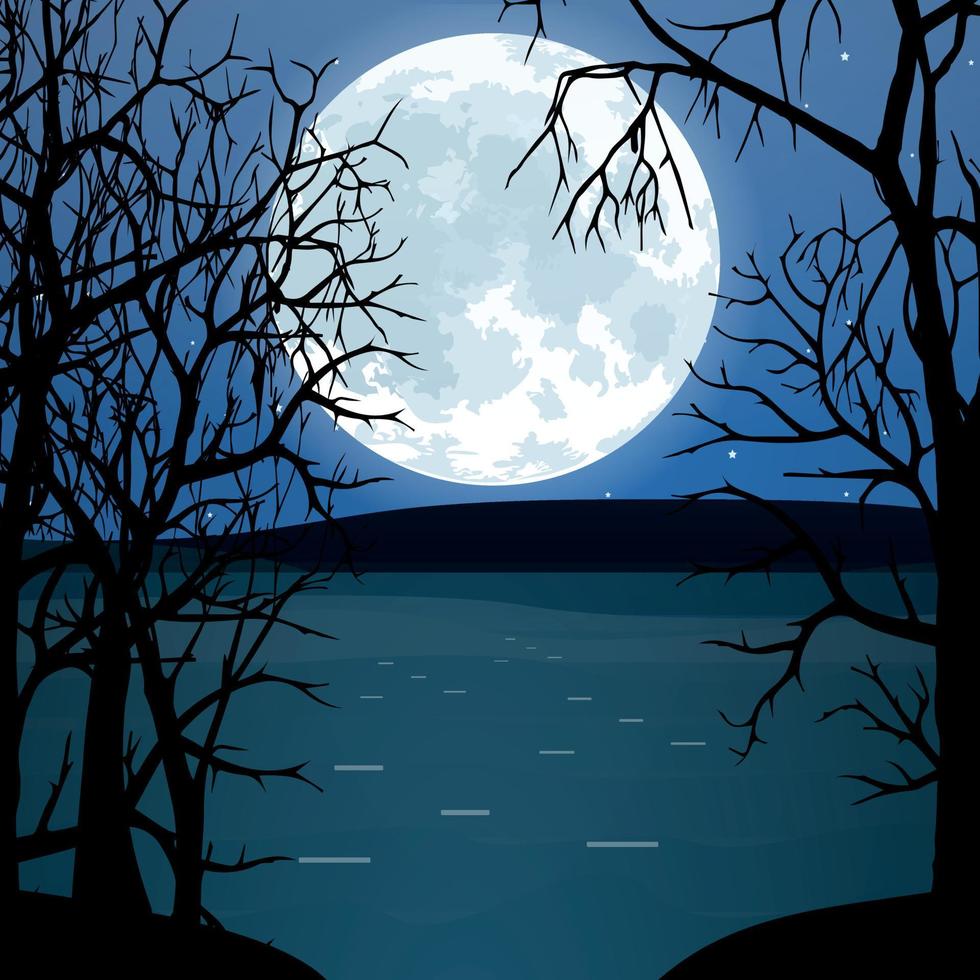 pleine lune sur l'eau dans la forêt. illustration vectorielle vecteur